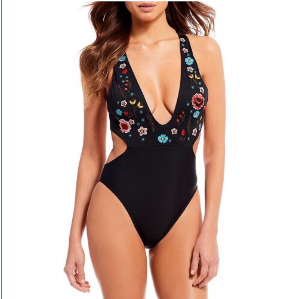 🌟SALE🌟Embroidered Plunge Cut-Out One-Piece - Picture 2 of 5